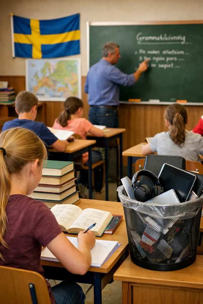 Libros apilados junto a una tablet en aula escolar tras decisión de Suecia de volver al papel